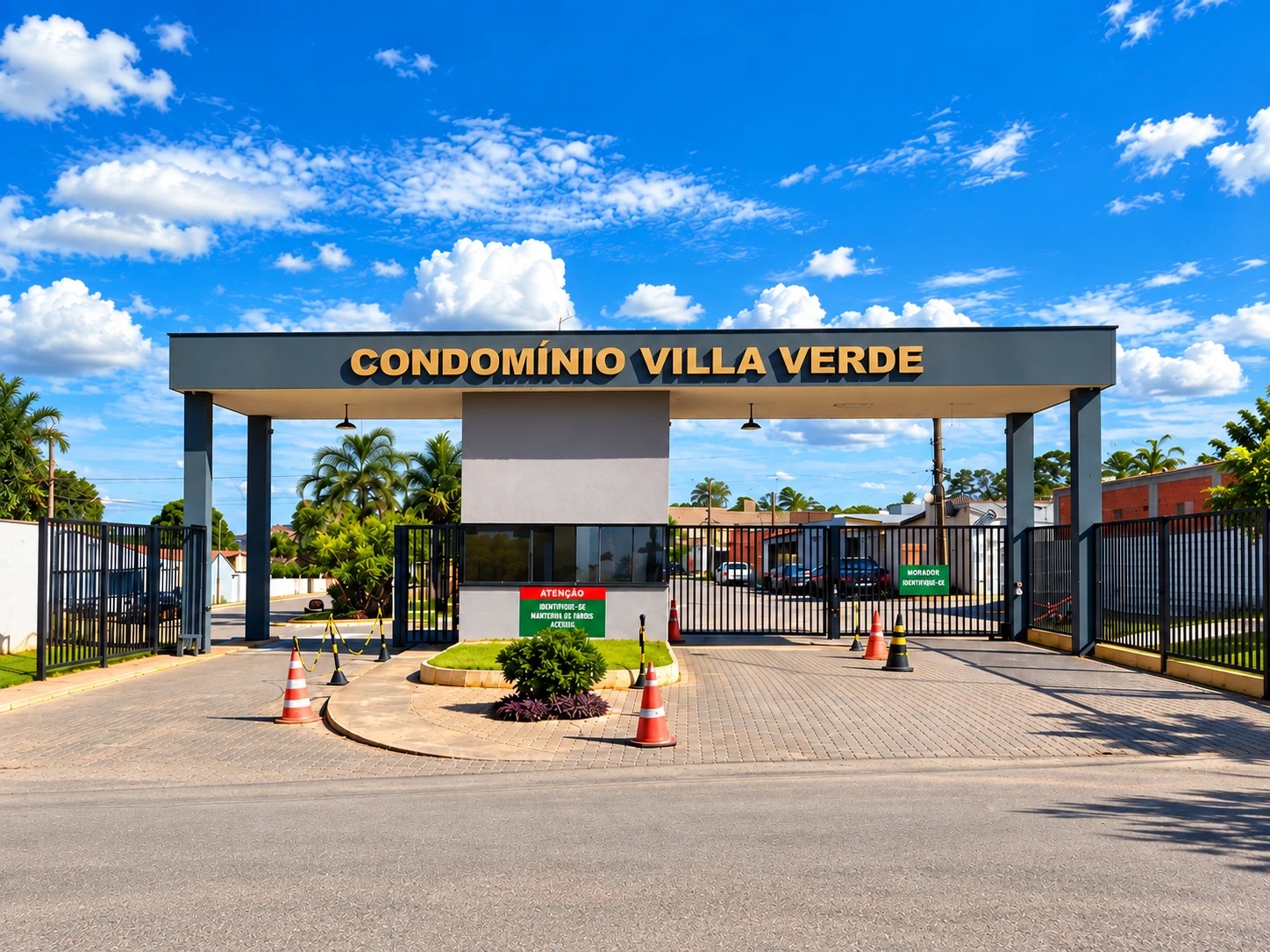 Portaria do Condomínio Villa Verde em dia de céu azul
